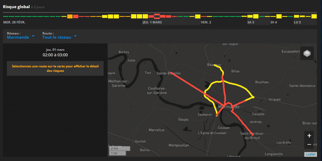 Vue cartographique d'un réseau routier pour évaluer le niveau de risque